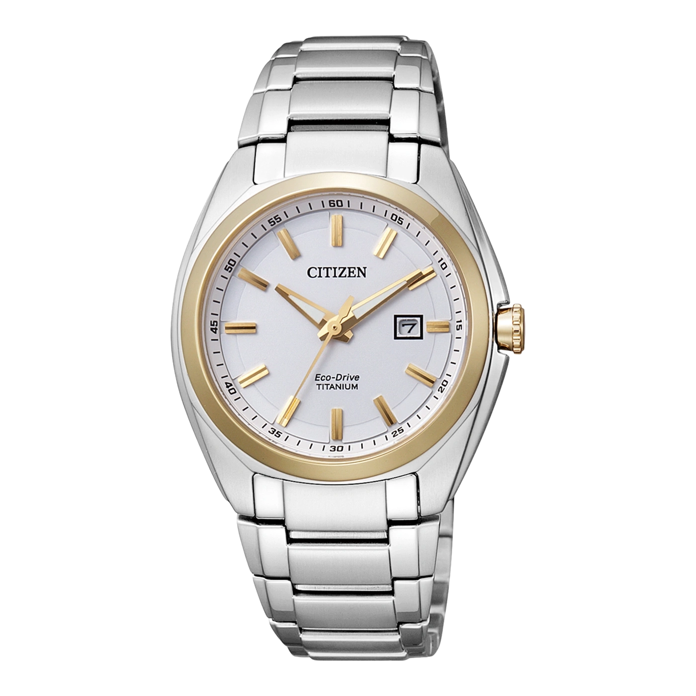 Citizen watch with a white face, gold accents, and a titanium band.