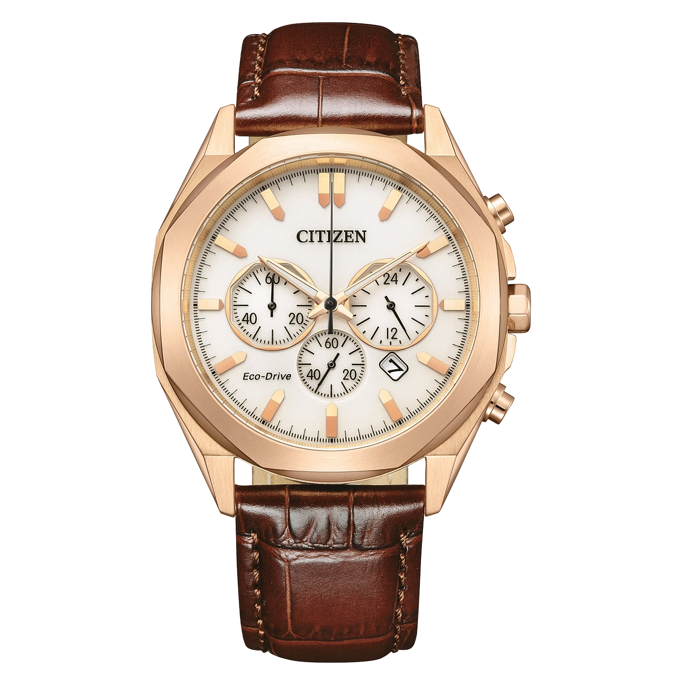 Citizen watch with white face, gold case, and brown leather strap.