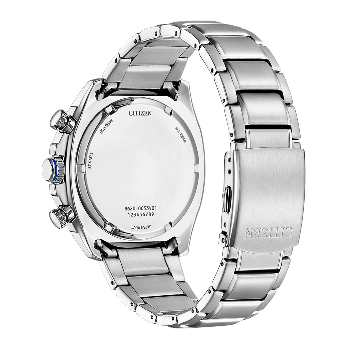 Citizen watch back, stainless steel, Eco-Drive, water resistant, Japan movement
