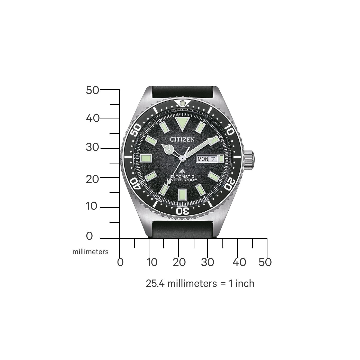 Citizen watch with black dial, scale, and text 'AUTOMATIC DIVER'S 200m'