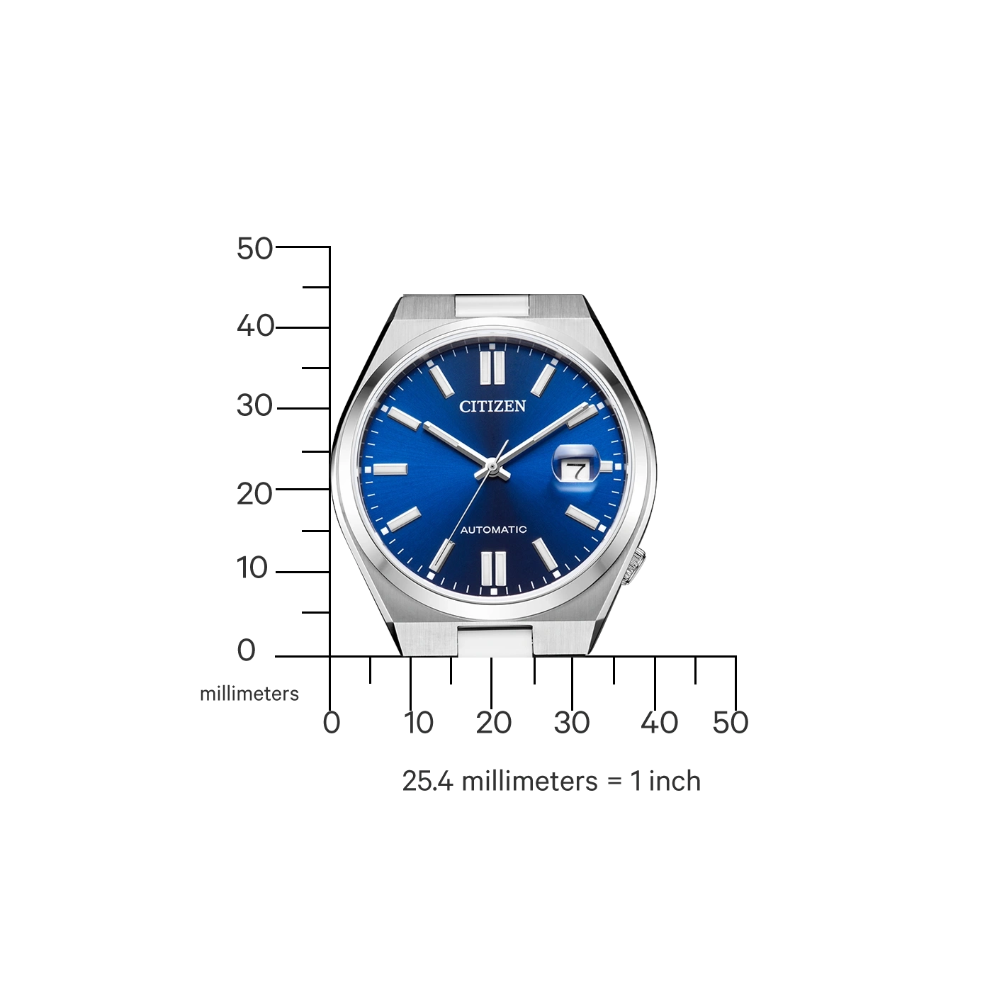 Citizen watch with blue face, automatic, and measurement scale in millimeters.