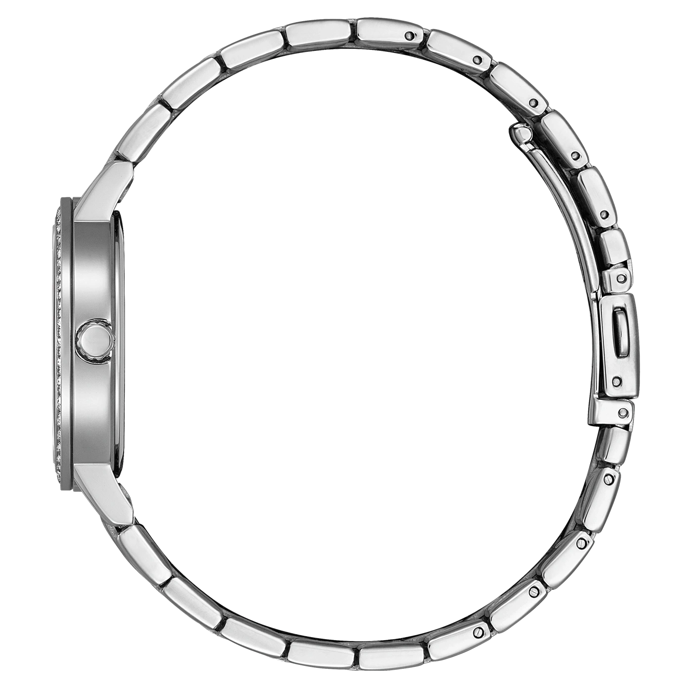 Silver watch with a round face and a metal band, side view.