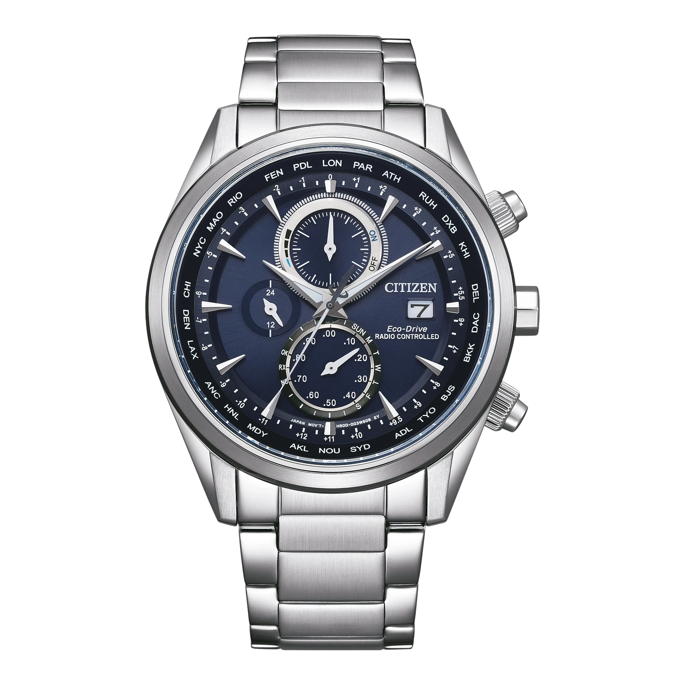 Citizen watch with blue dial, silver bracelet, and world time function.
