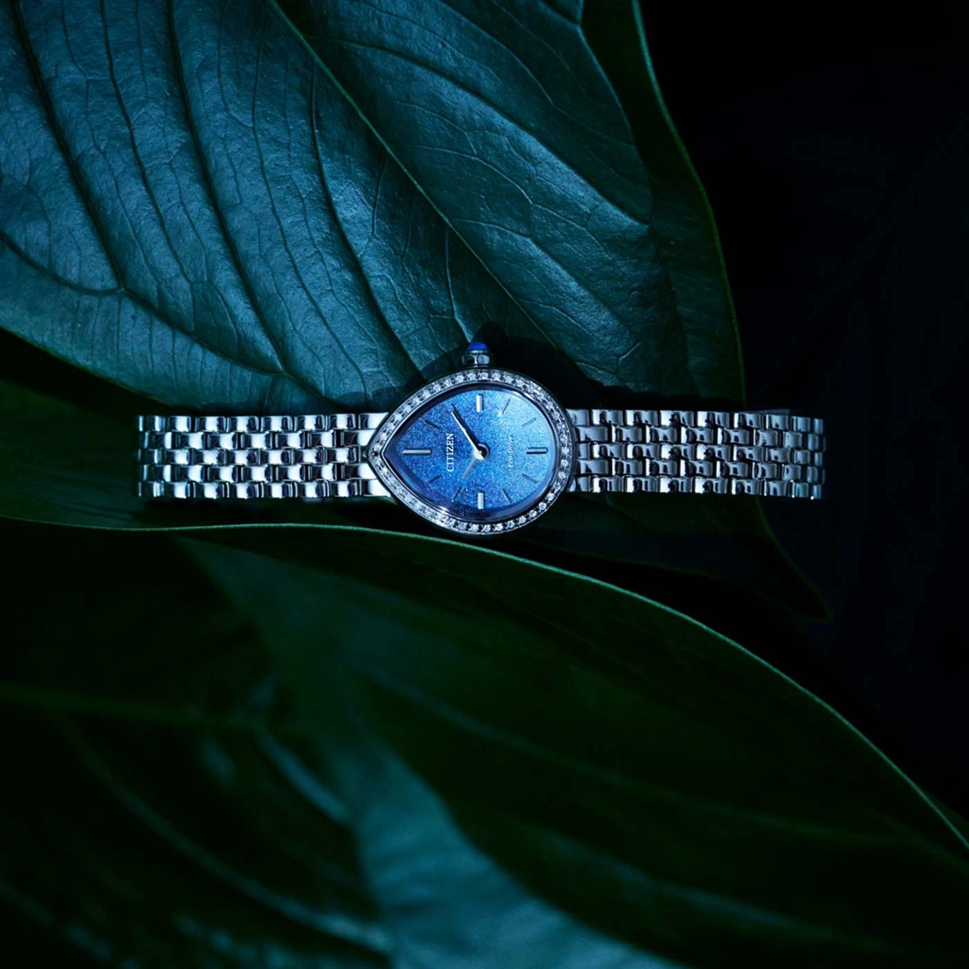 A diamond-studded teardrop watch on a leaf