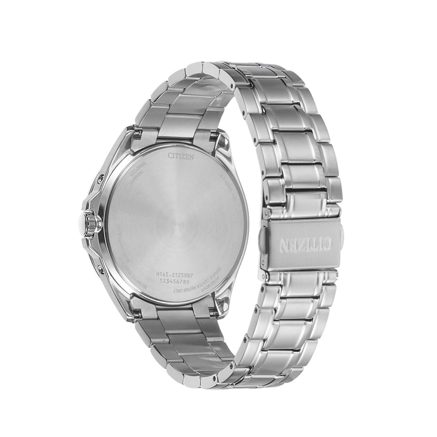 Citizen watch back, stainless steel, Eco-Drive, sapphire, water resistant, Japan