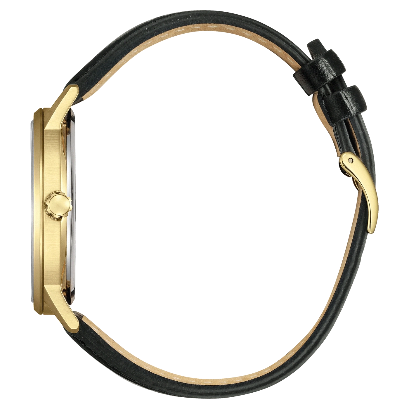 Gold watch with black leather strap, side view, elegant design