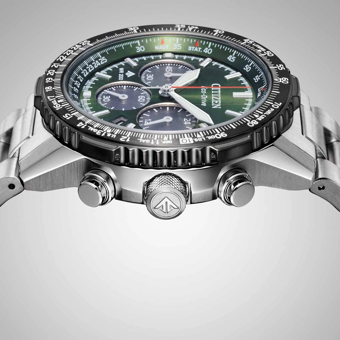 Citizen watch with green face, chronograph, and stainless steel band.