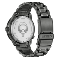 Citizen watch back, black steel, pilot helmet engraving, details visible.