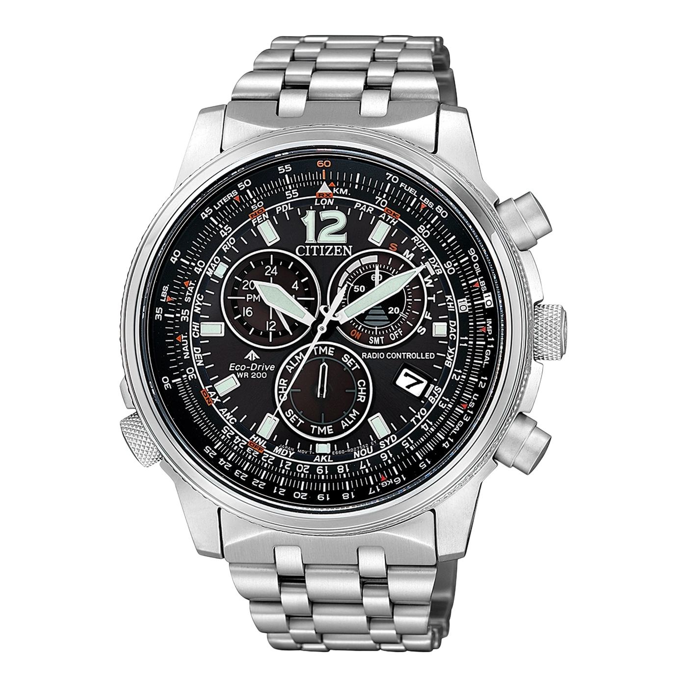 Citizen watch with black dial, silver band, and multiple subdials.