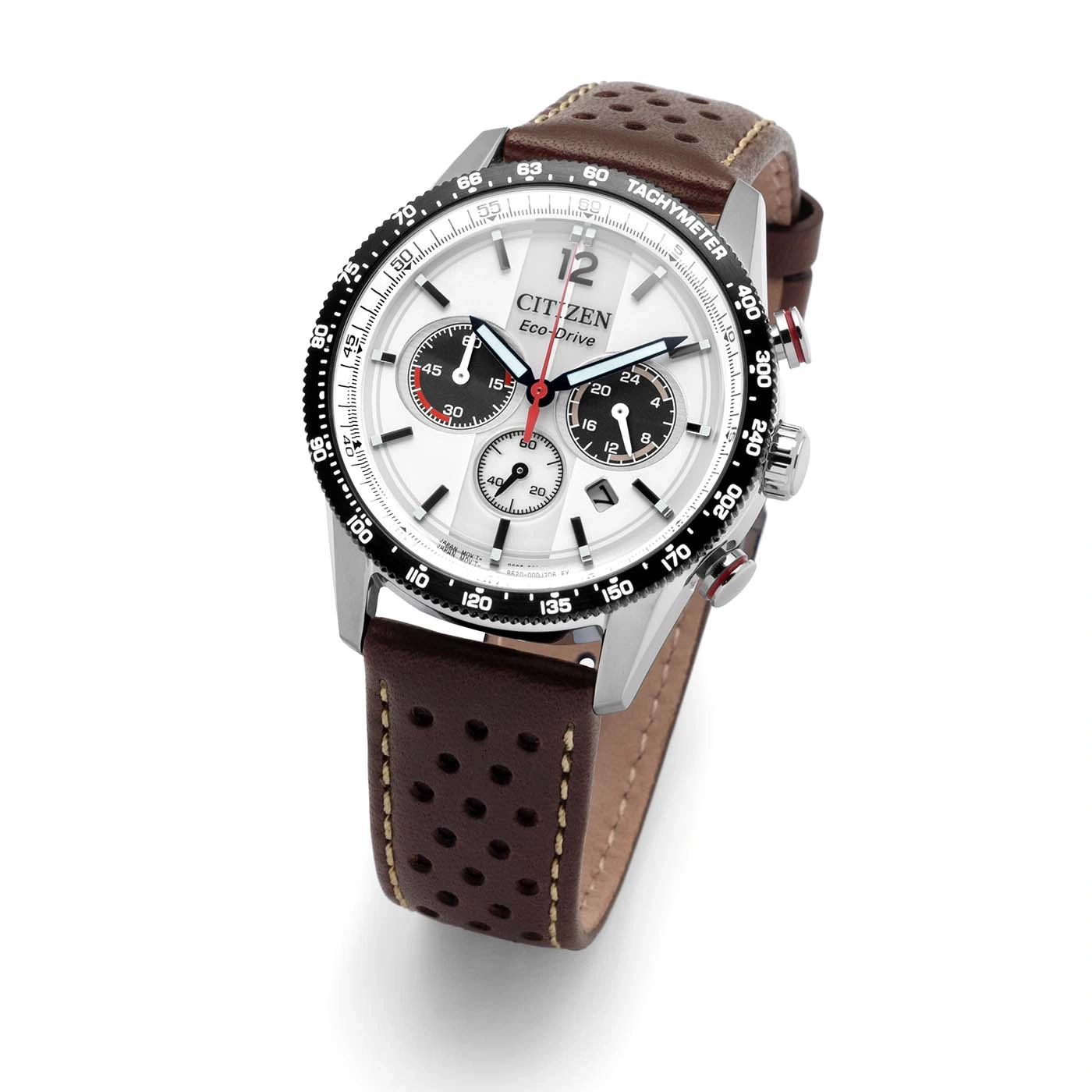 A white Citizen Eco-Drive chronograph watch with a brown leather strap.