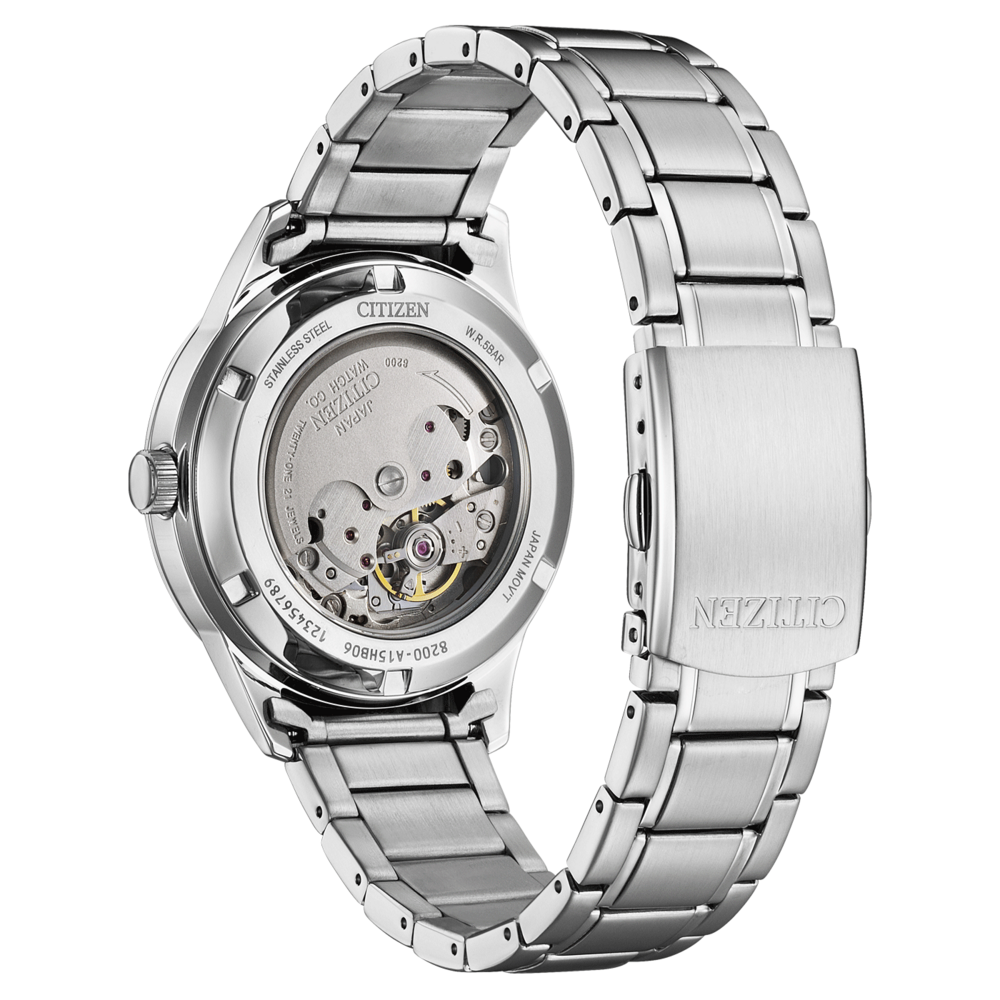 Citizen watch with stainless steel strap, visible mechanism, and brand details.