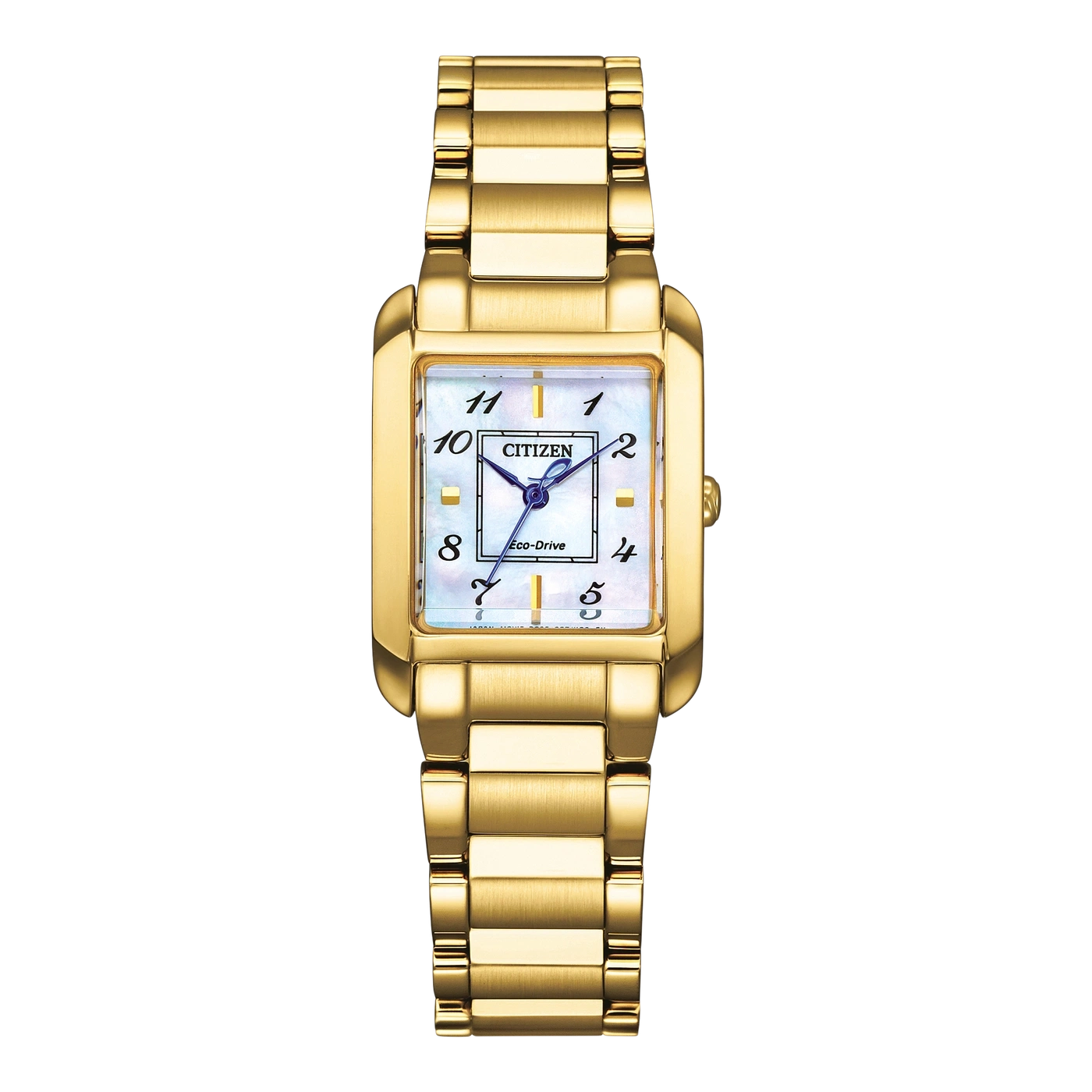 Gold Citizen watch with a rectangular face and gold band, elegant design.