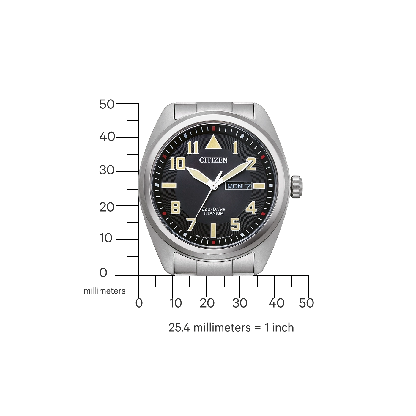 Citizen watch with black face, titanium, Eco-Drive, and day display.