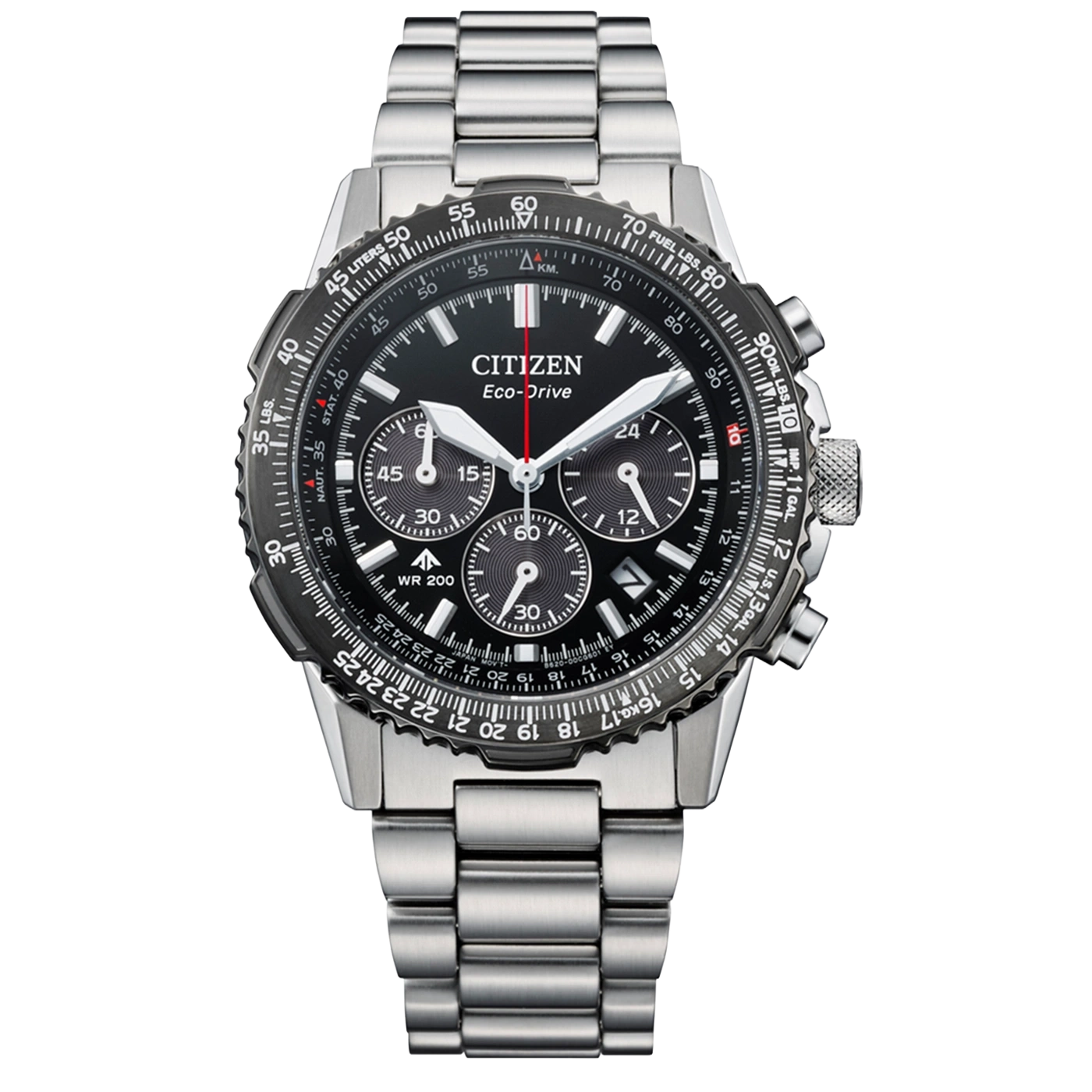 A Citizen Eco-Drive watch with a black dial and metal band.