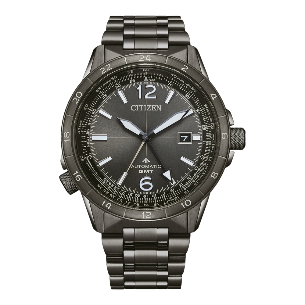 Citizen watch with a dark gray face and a metal band, showing time and date.