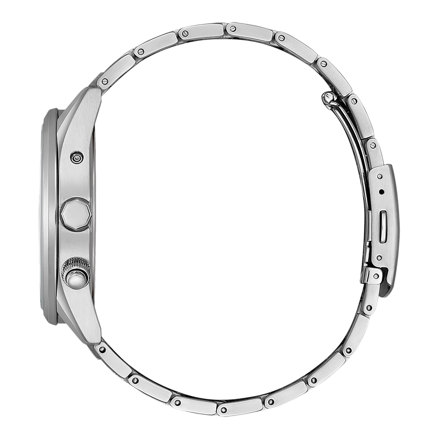 Side view of a silver wristwatch with a metal band and a round face.
