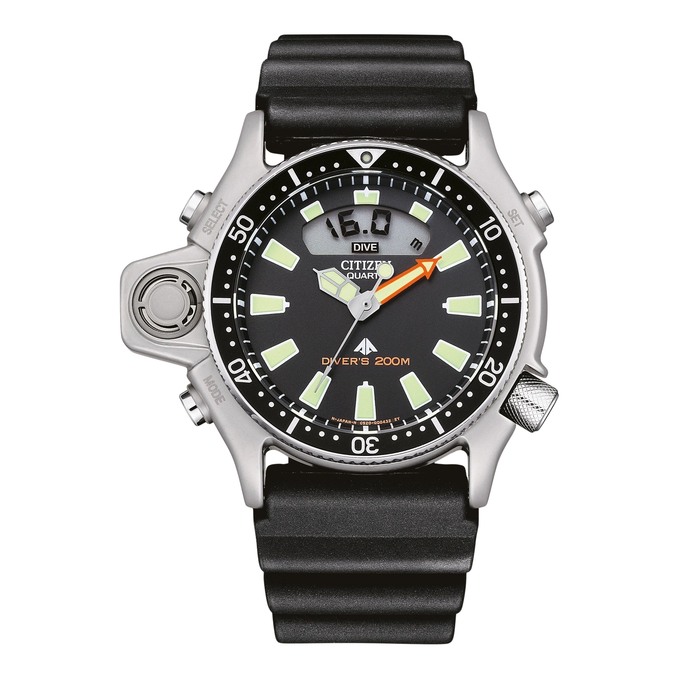 Citizen watch with black dial, orange hand, and digital display for diving.