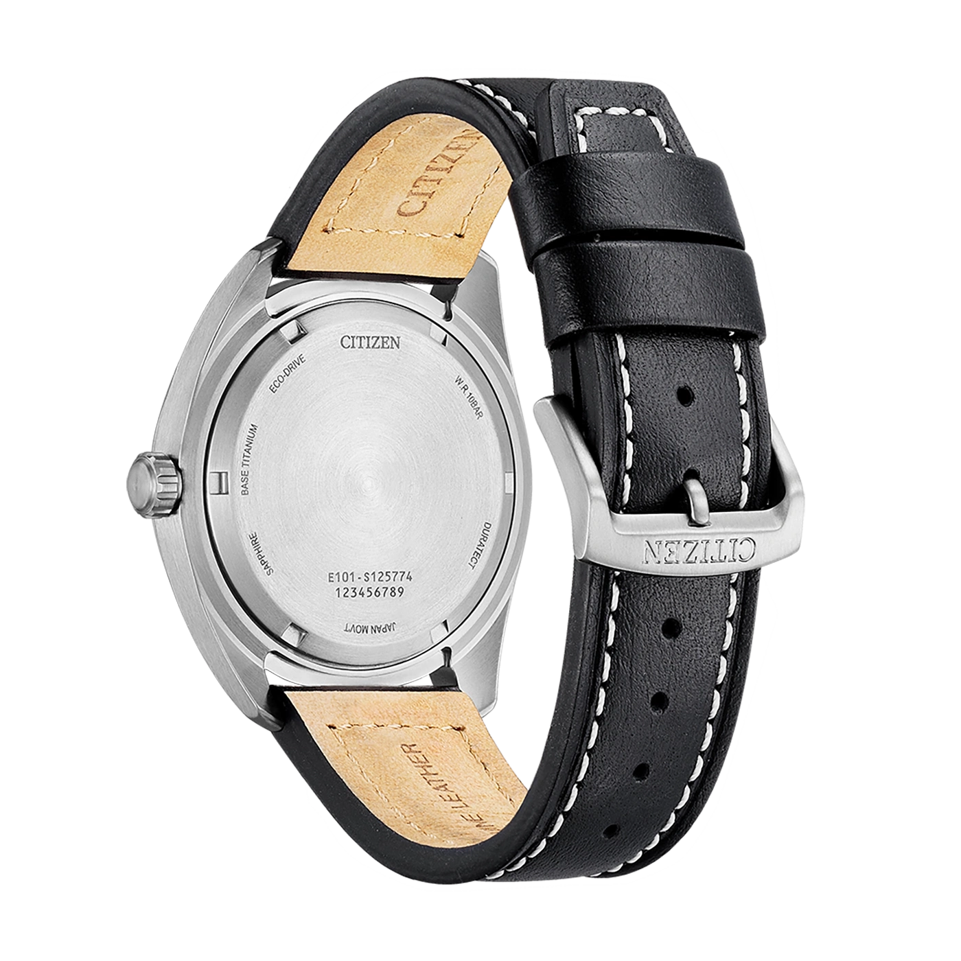 Citizen watch back with leather strap, sapphire, titanium, eco-drive.