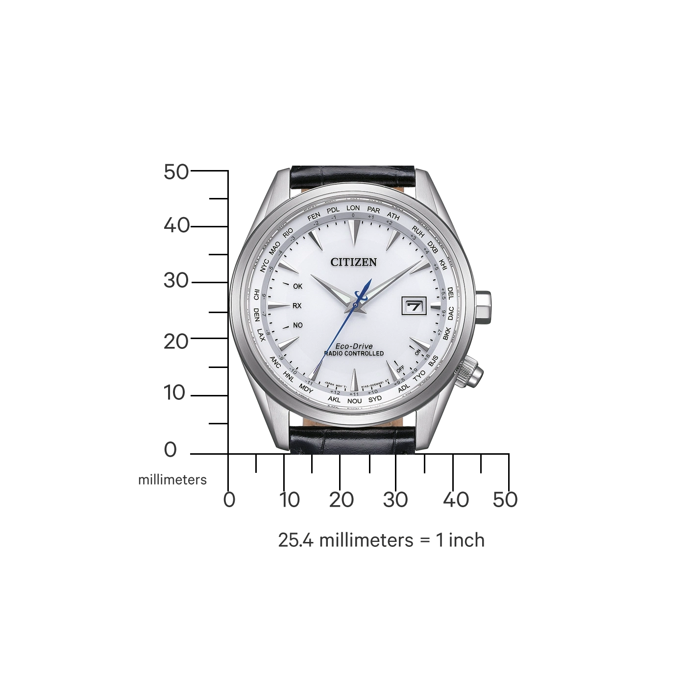 Citizen watch with world time function, white dial, black leather strap, and silver case.