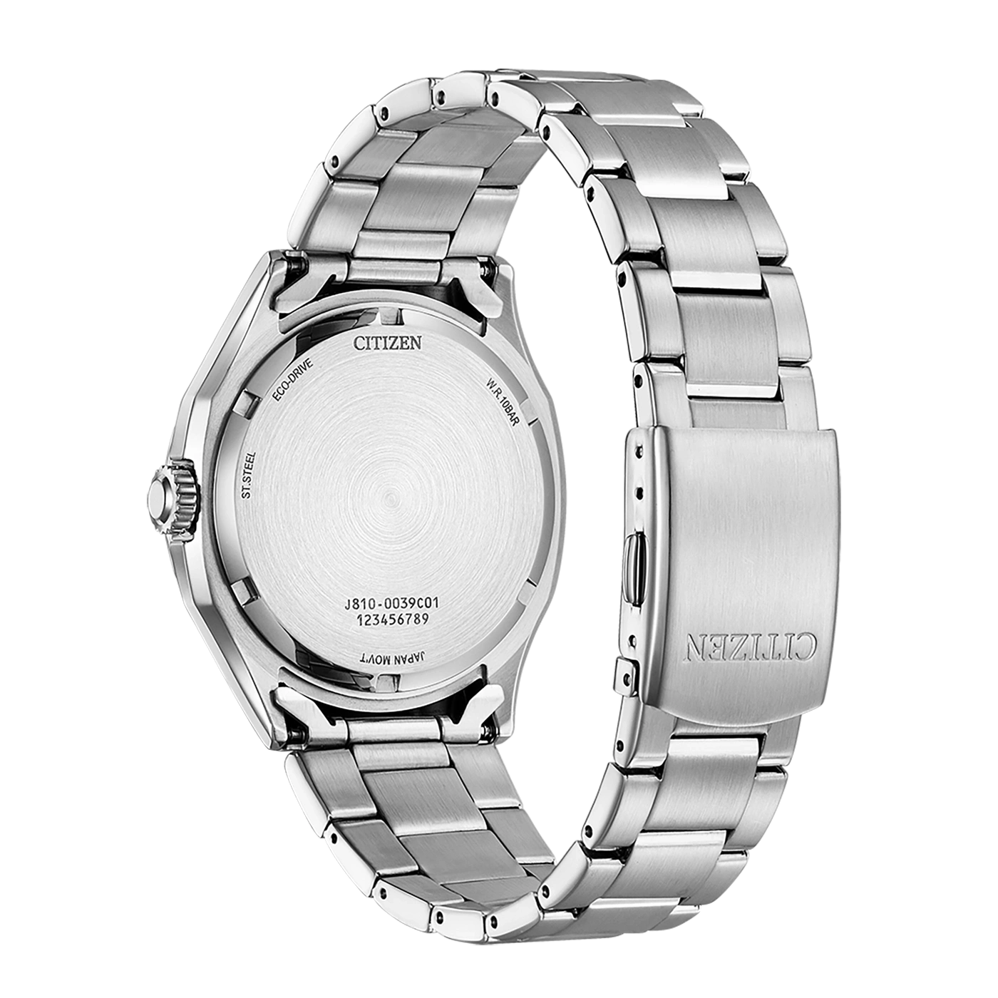 Citizen watch back, stainless steel, Eco-Drive, W.R.10BAR, Japan Movt.