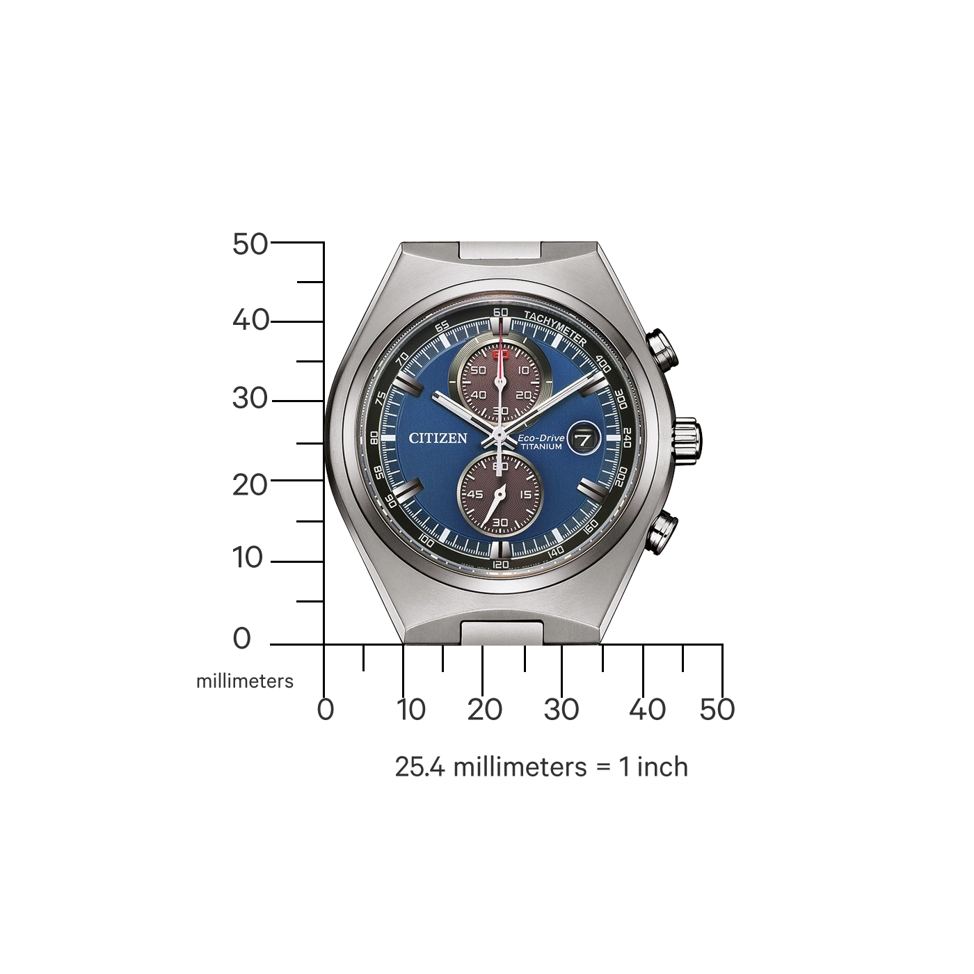 Citizen watch with blue face, tachymeter, and titanium Eco-Drive.