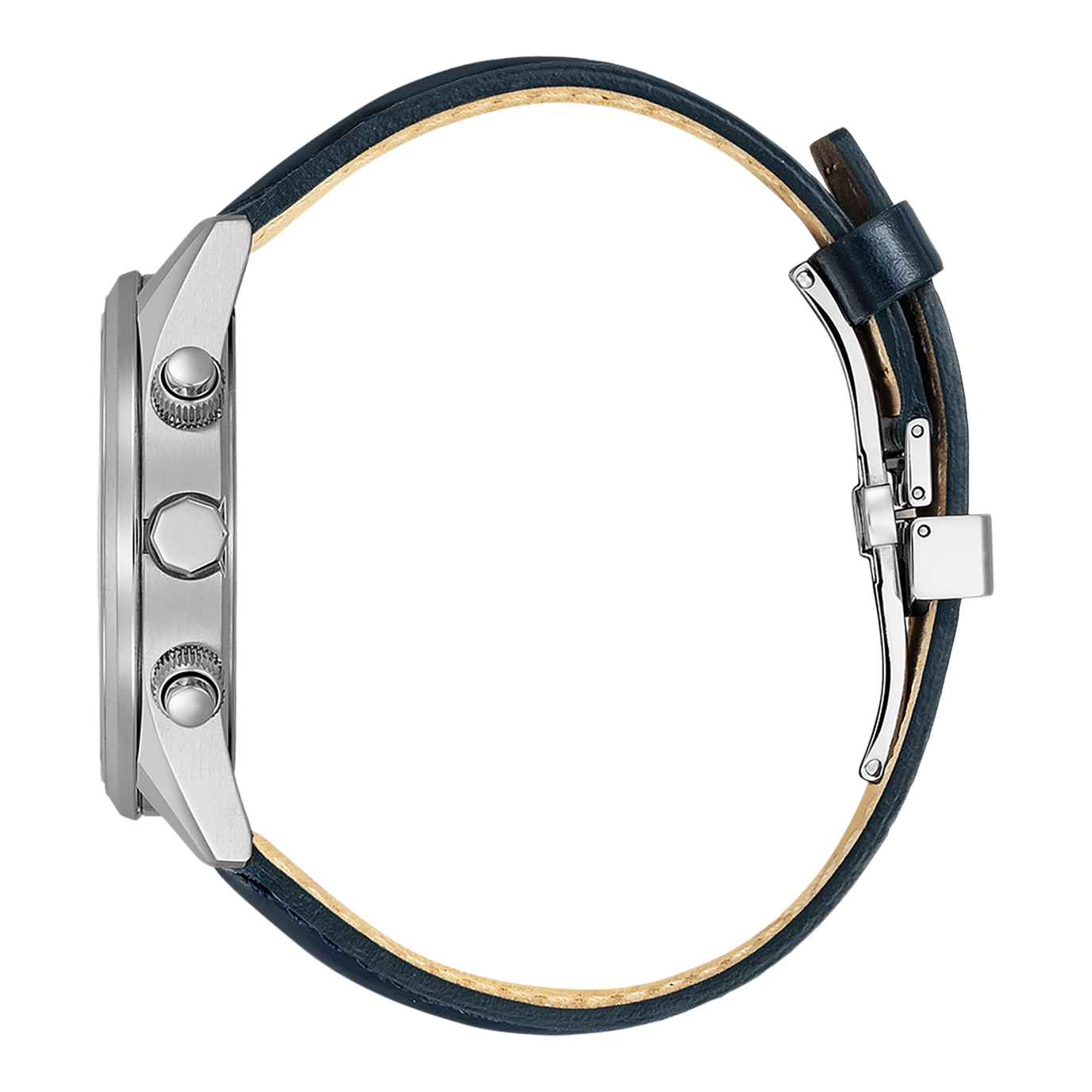 Side view of a silver watch with a blue leather strap.