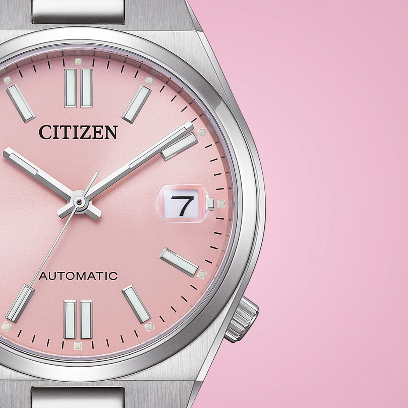 Citizen watch with pink face, silver hands and date display, automatic.