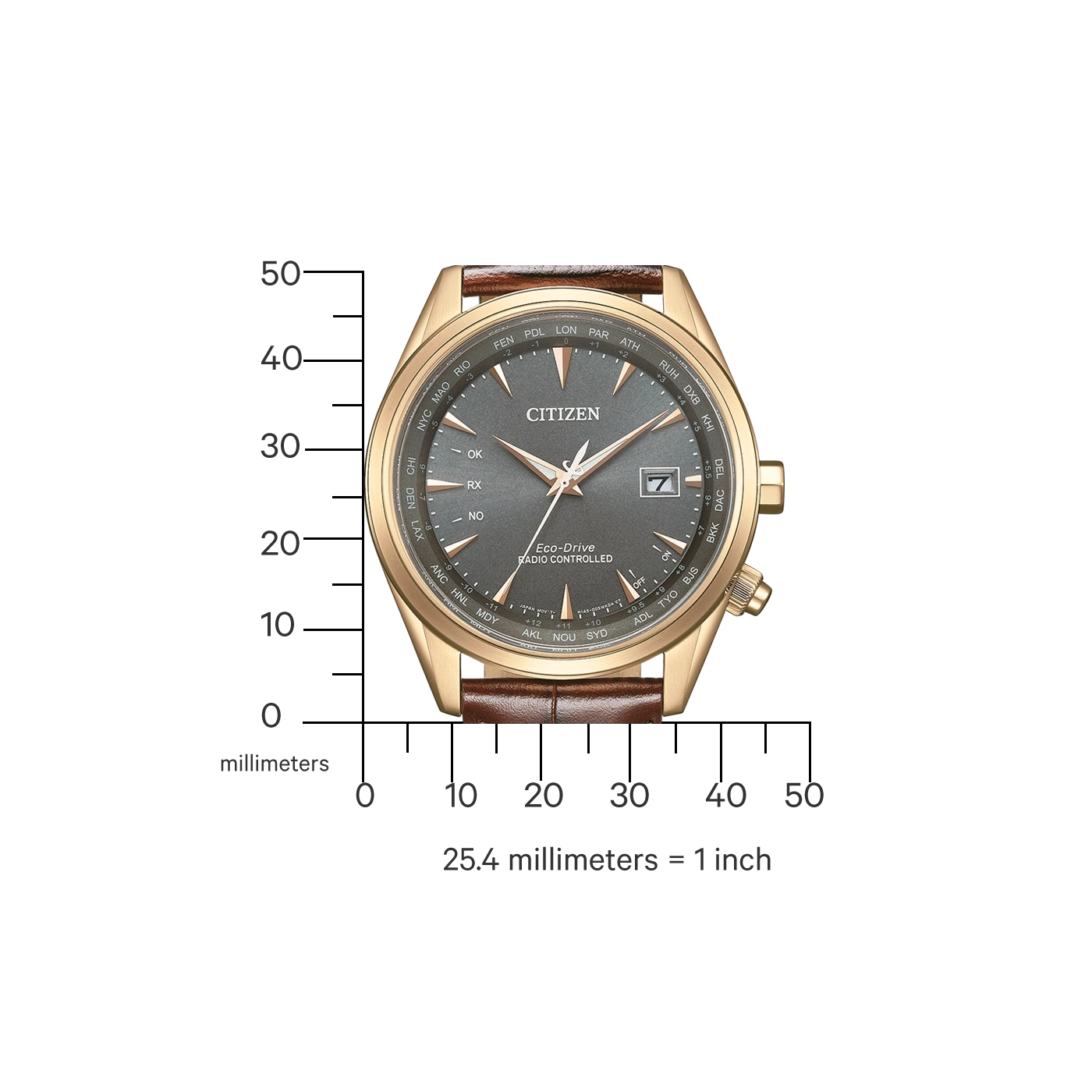 Citizen watch with gold case and brown leather strap, time display.
