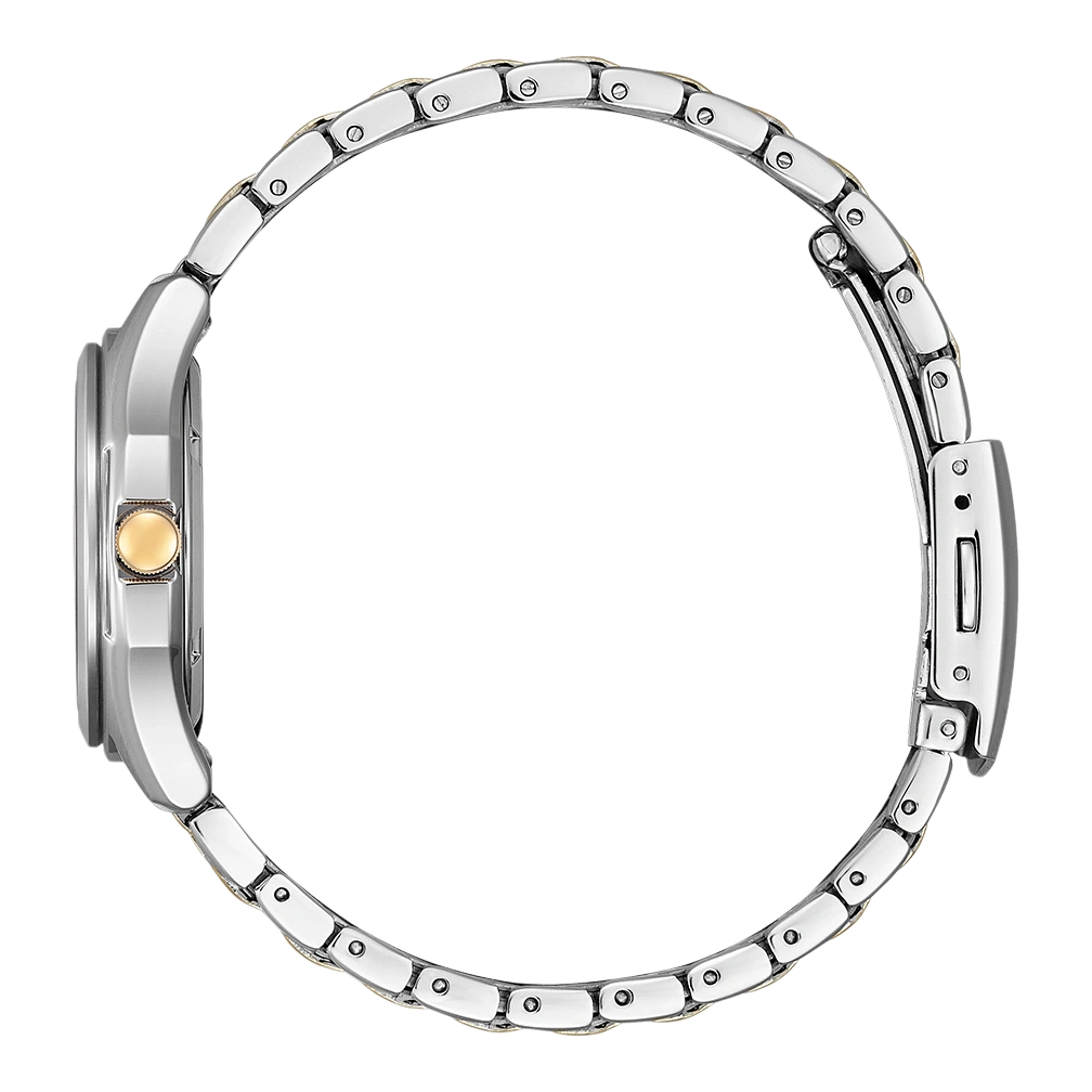 Side view of a silver and gold watch with a metal band