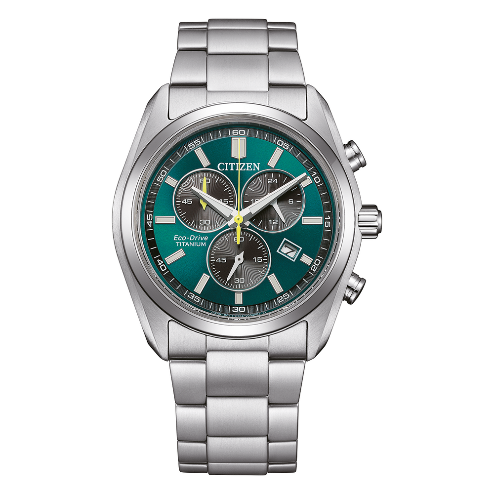 A modern green Citizen Eco-Drive Titanium chronograph watch with a stainless steel band.