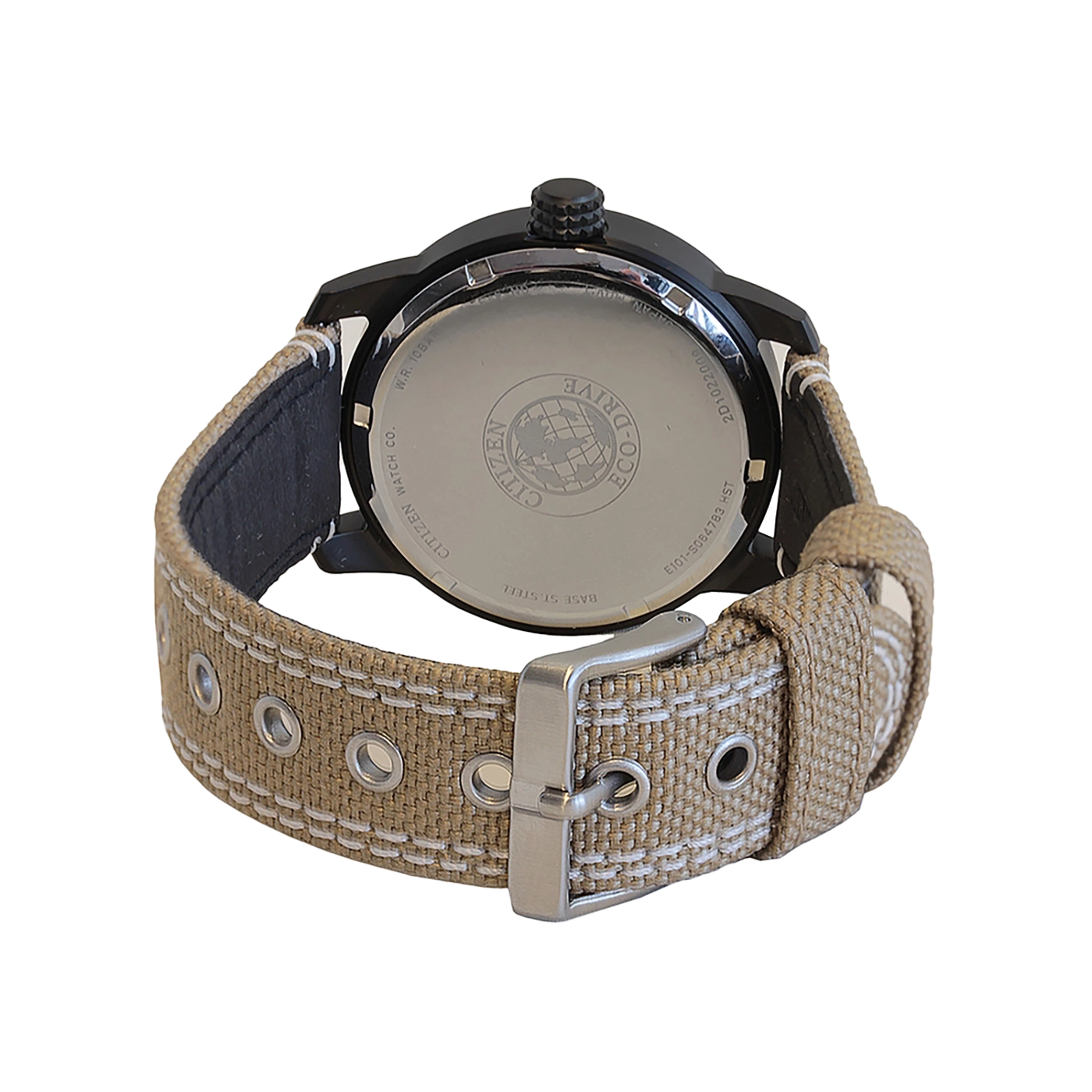 Citizen watch back with strap, Eco-Drive, black case, and metal buckle.