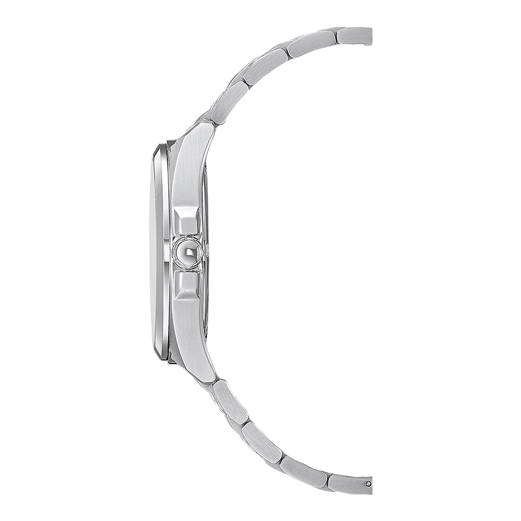 Side view of a silver wristwatch with a metal band on white background.