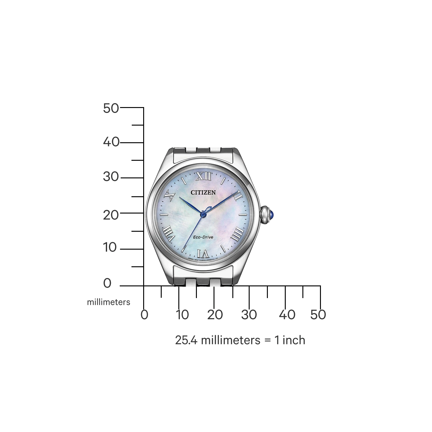 Citizen watch with a scale in millimeters, showing the size of the watch.