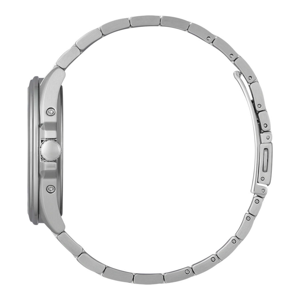 Silver watch with a metal strap, side view, isolated on white background