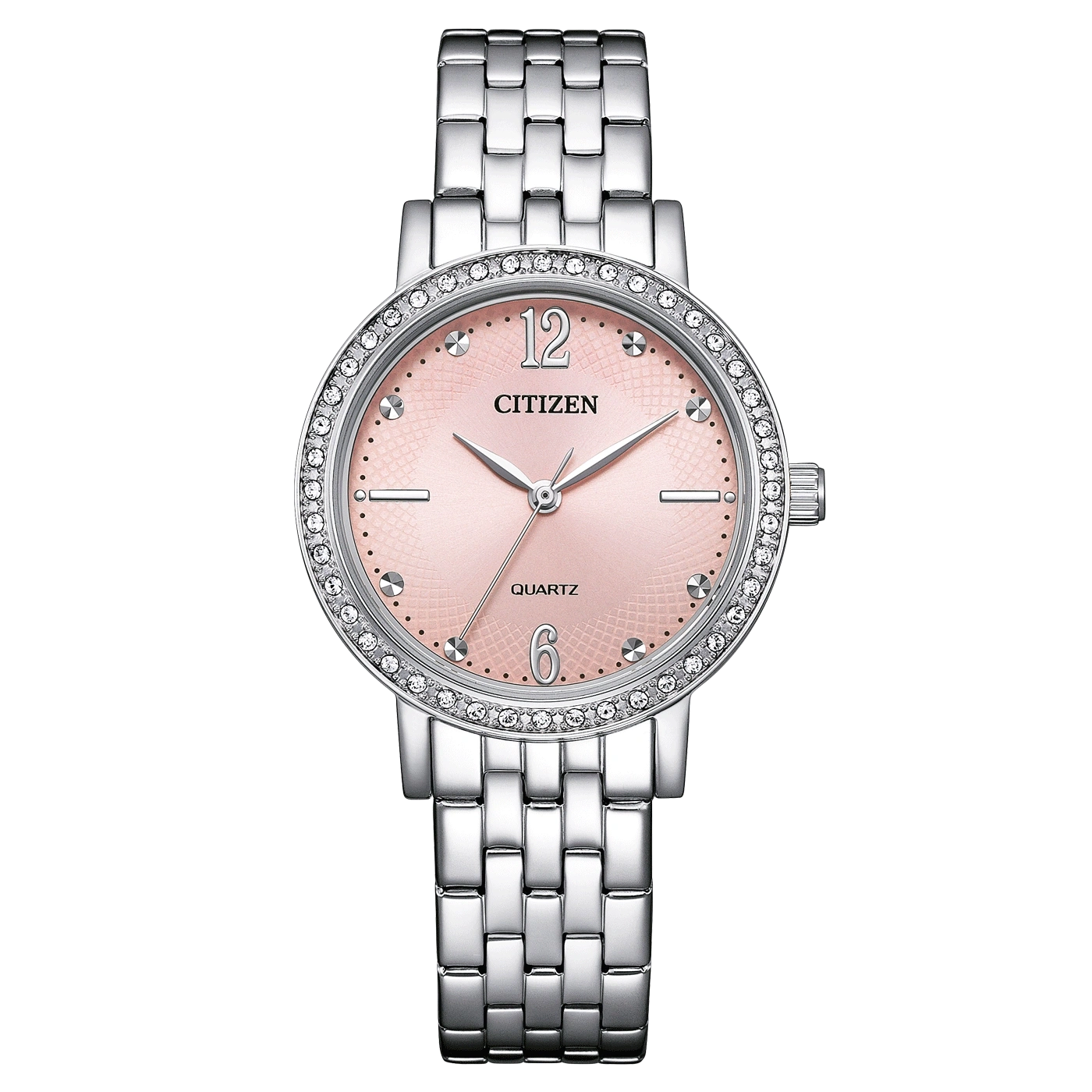 Citizen watch with pink face and silver bracelet, quartz movement