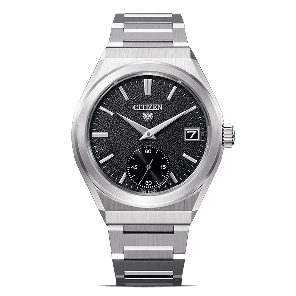 Citizen watch with black dial and silver strap, elegant design.