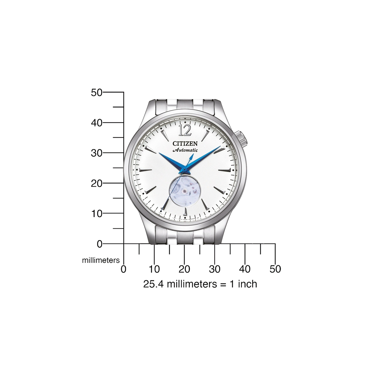 Citizen automatic watch with a white face and blue hands, with a millimeter scale.