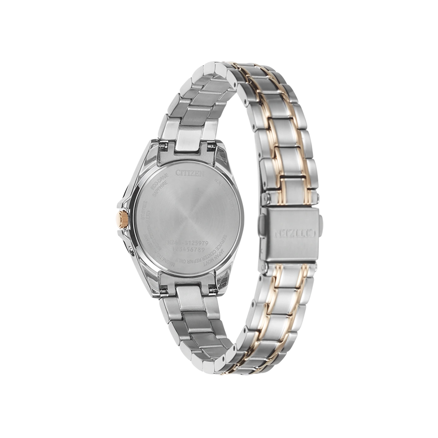 Citizen watch back, silver and gold, Eco-Drive, sapphire, Japan movement.