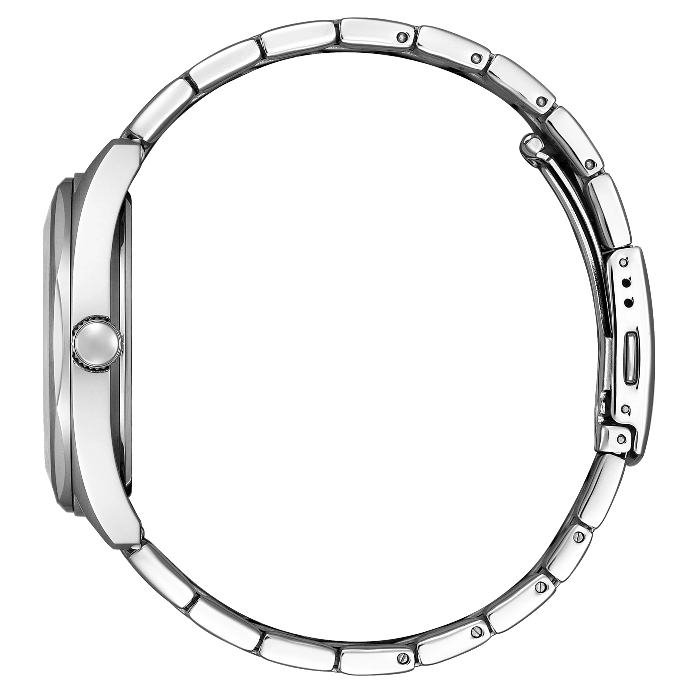 Side view of a silver wristwatch with a metal band and a round face.