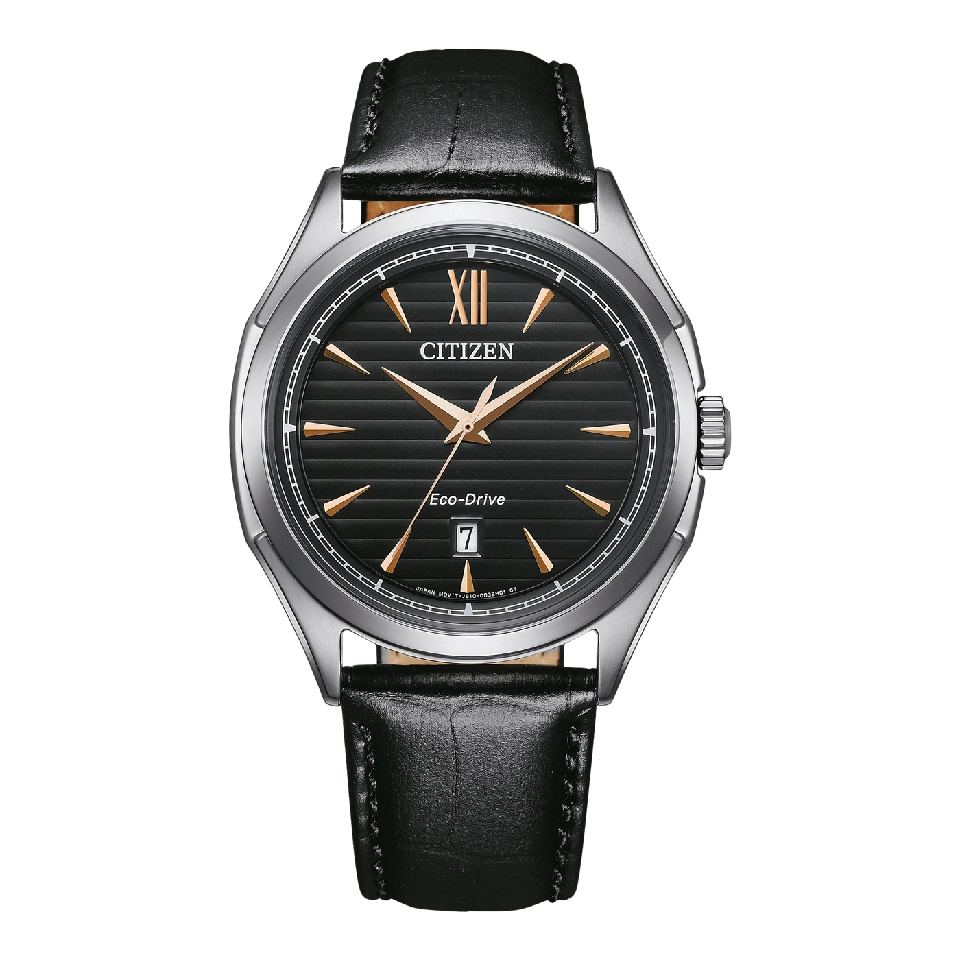 Citizen watch with black face and leather strap, elegant design.