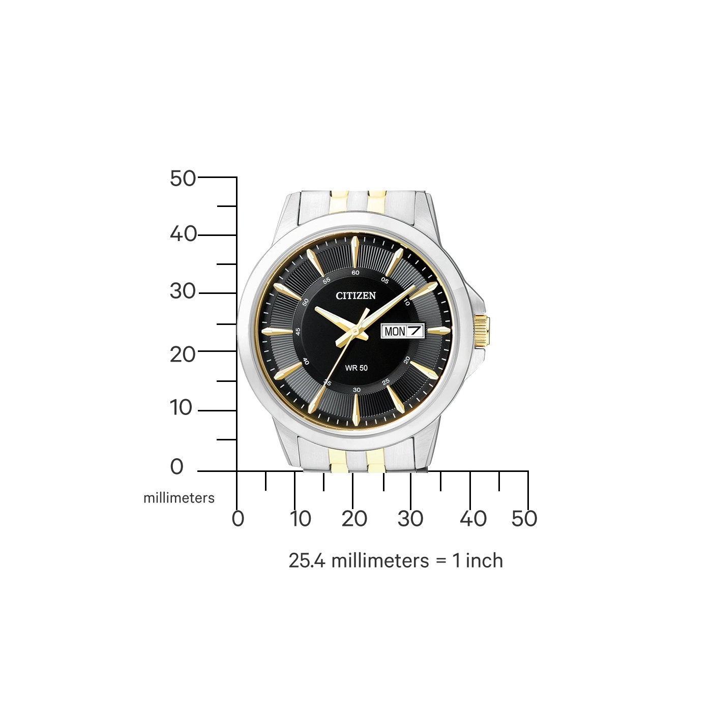 Citizen watch with black face, gold accents, and day/date display.
