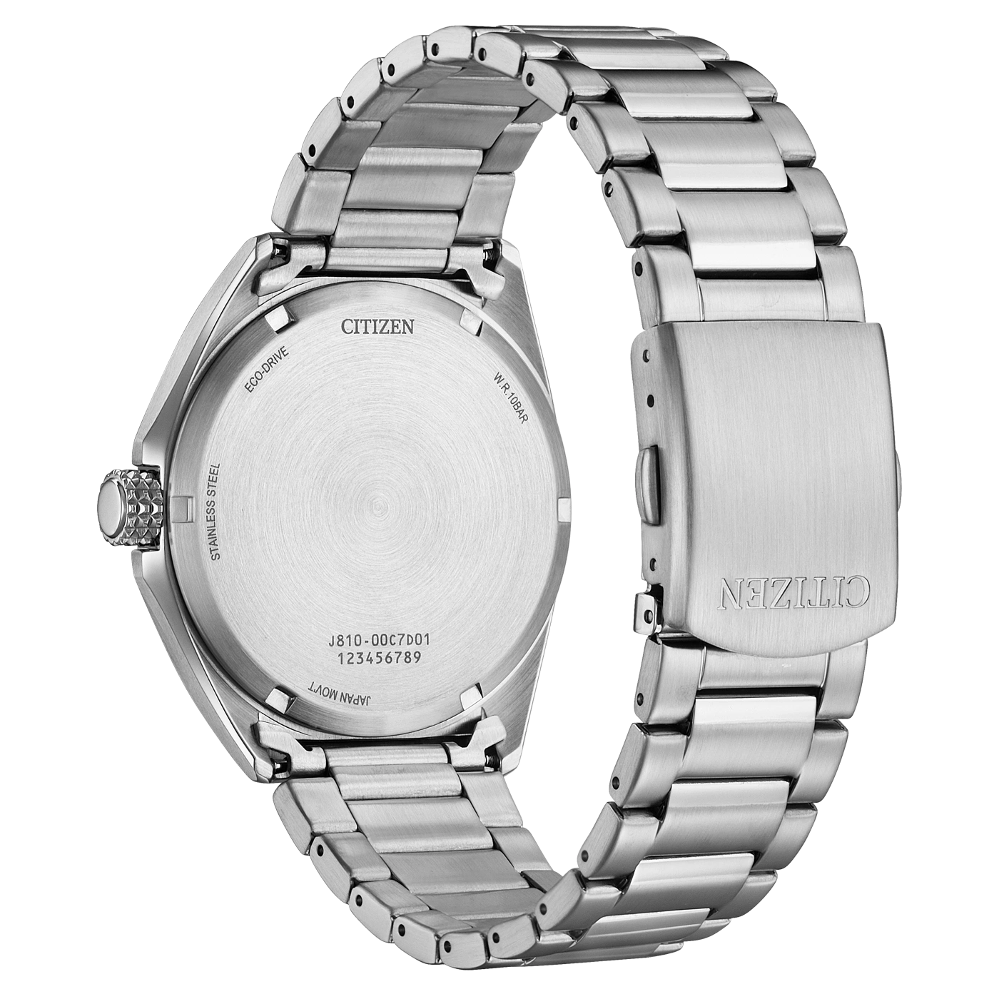Citizen watch back, stainless steel, Eco-Drive, Japan movement, W.R. 10BAR, J810-00C7D1