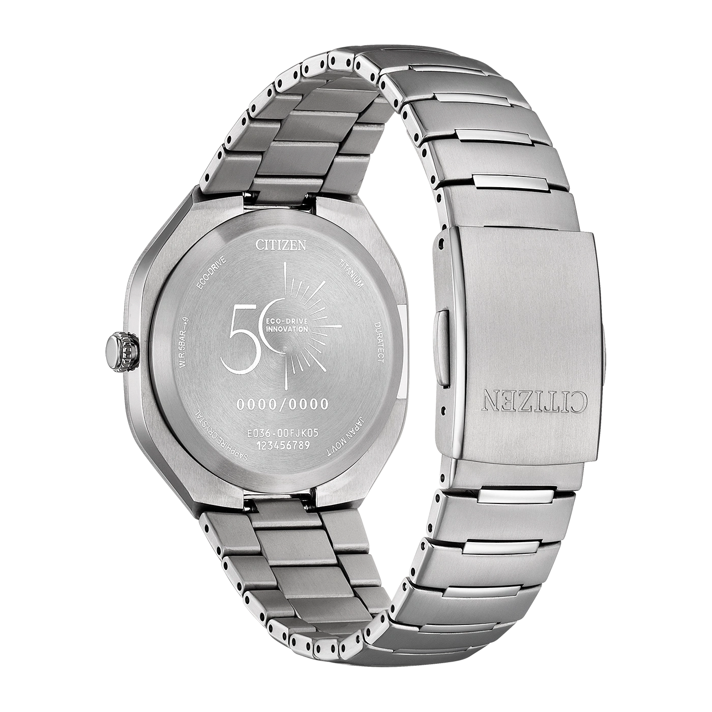 Back of a silver Citizen Eco-Drive watch with a metal band.