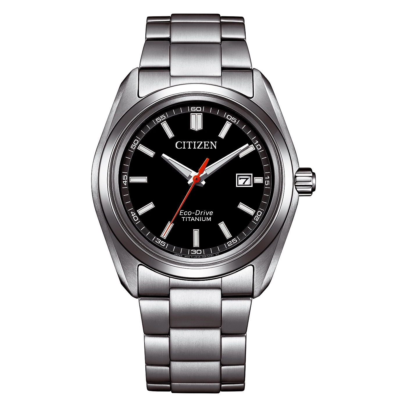 A Citizen Eco-Drive Titanium watch with a black face and silver band.
