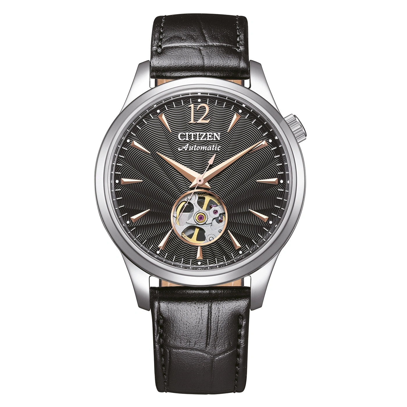 Citizen Automatic watch with black leather strap and open heart design.