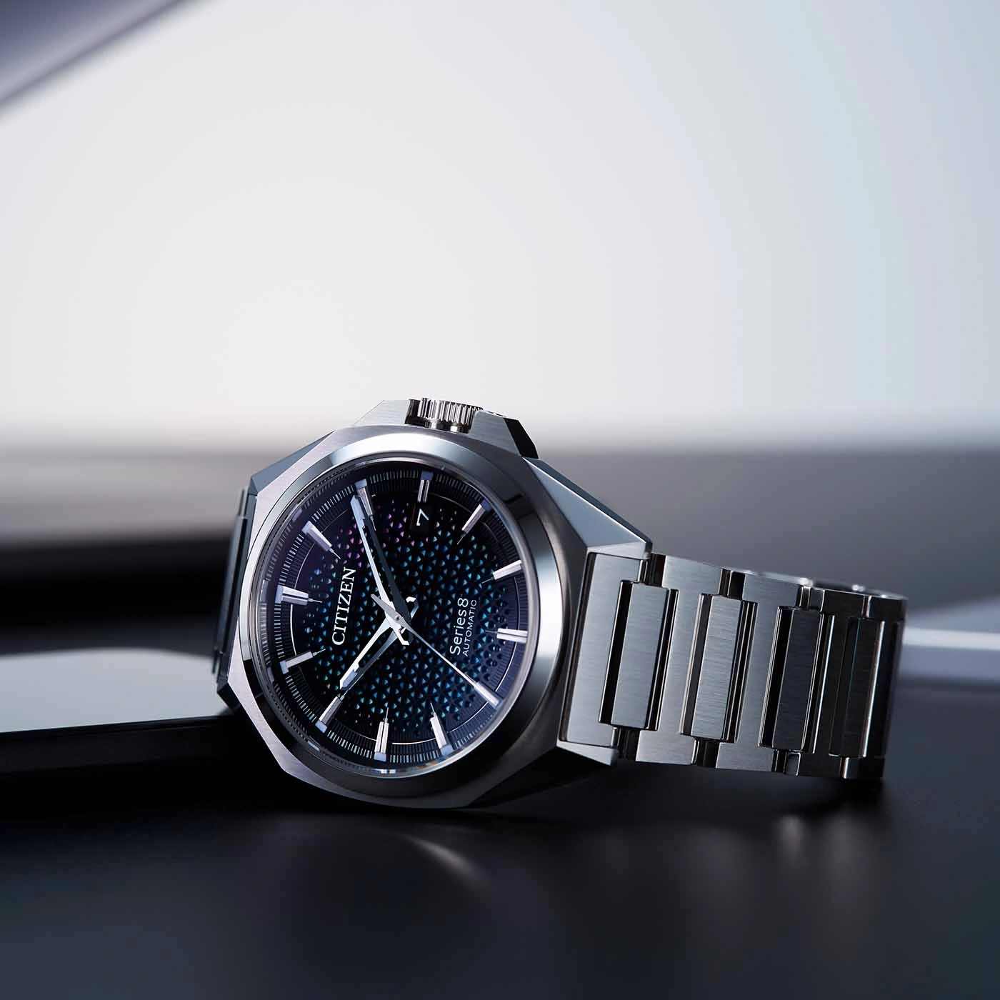 Citizen Series 8 automatic watch with a unique dial and metal strap.