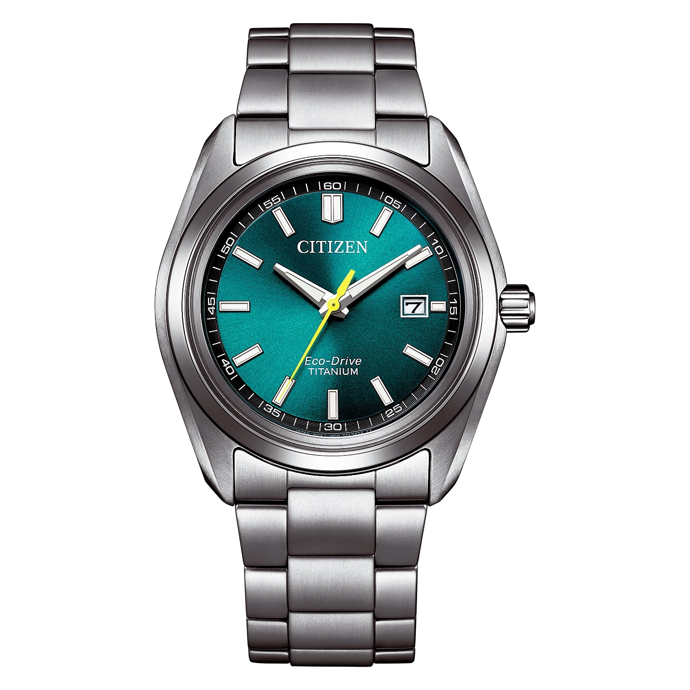 A Citizen Eco-Drive Titanium watch with a green dial and metal band.
