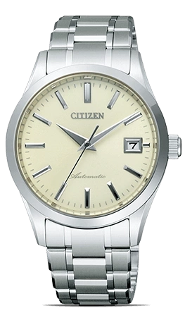 Citizen automatic watch with a silver band and cream face, date display.