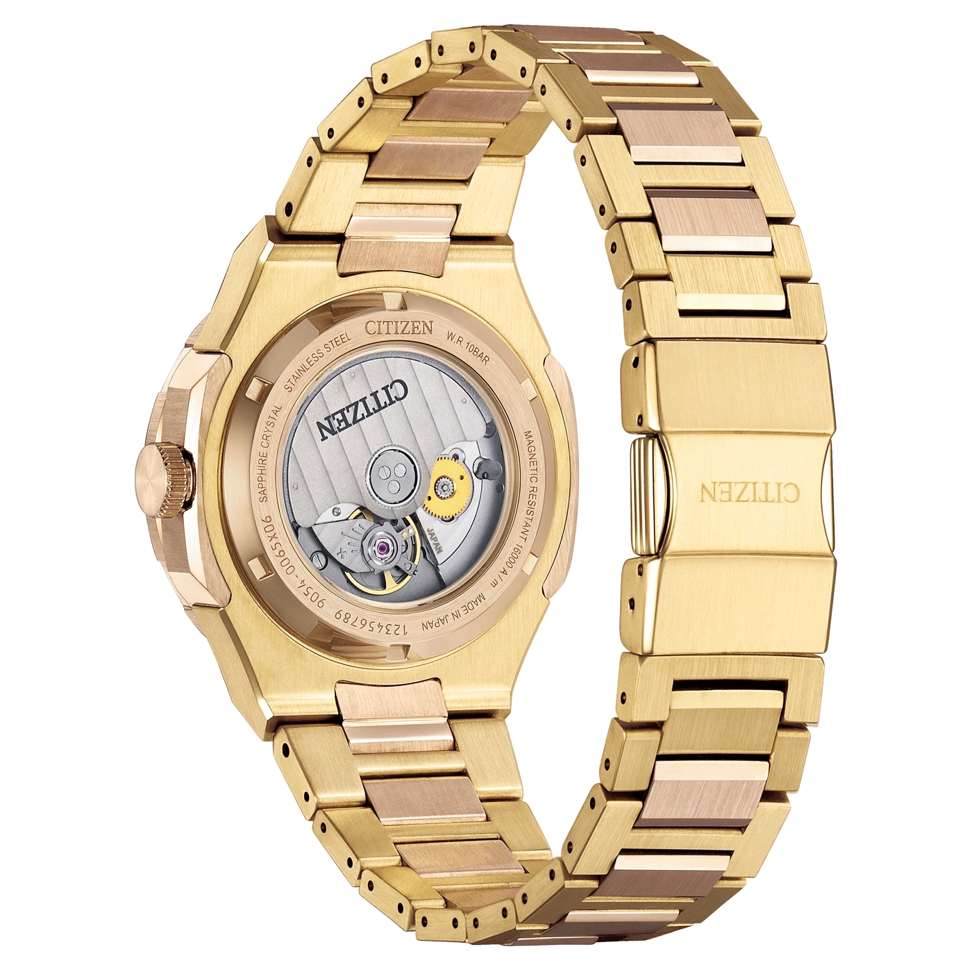 Gold Citizen watch back, sapphire crystal, stainless steel, Japanese movement, bracelet.