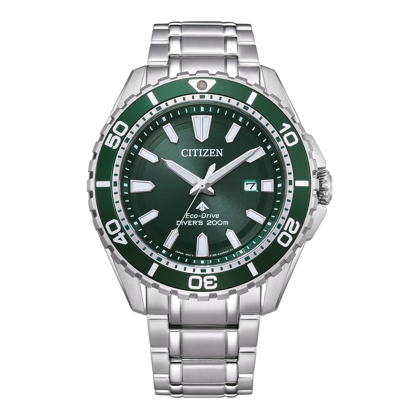 Citizen watch with green bezel and dial, stainless steel bracelet, diver's watch